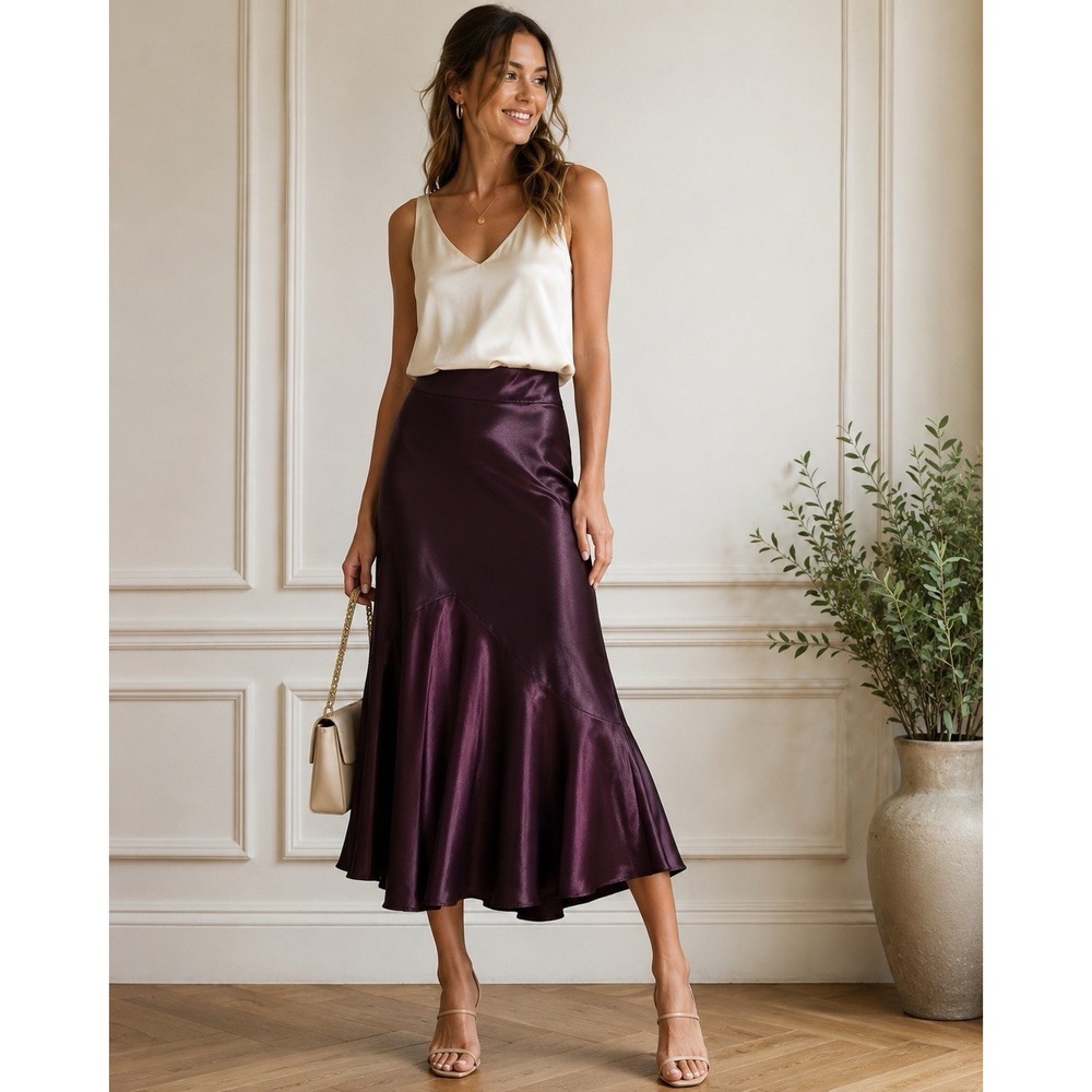 Lauren Ralph Lauren Deep Plum Purple 100% Silk Skirt High-Low Trumpet Sz 12P